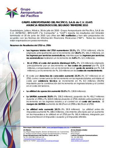 Vorschaubild Grupo Aeroportuario del Pacífico
 Quartalsbericht 2010-q2