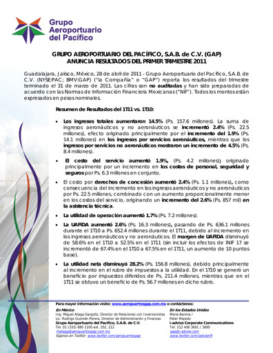 Vorschaubild Grupo Aeroportuario del Pacífico
 Quartalsbericht 2011-q1