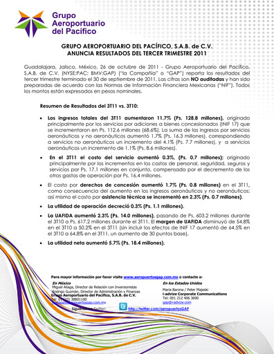 Vorschaubild Grupo Aeroportuario del Pacífico
 Quartalsbericht 2011-q3