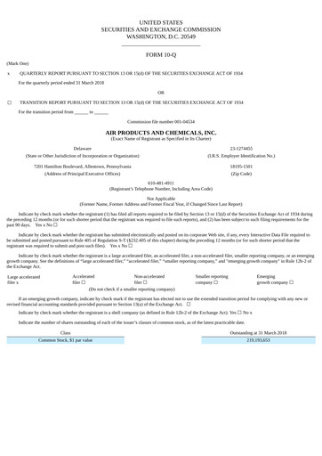 Thumbnail Air Products and Chemicals Quarterly Report 2018-q2