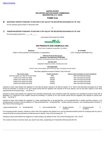 Thumbnail Air Products and Chemicals Quarterly Report 2024-q1