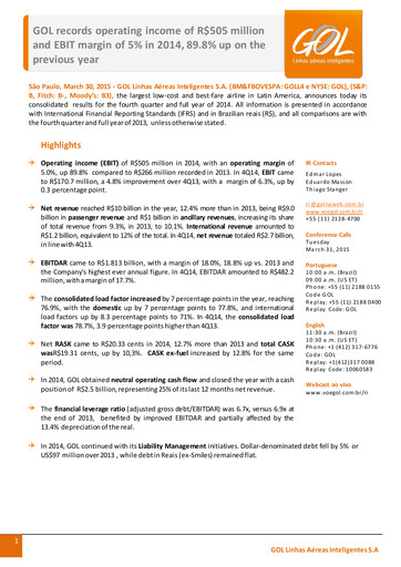 Miniature GOL Airlines Rapport trimestriel 2014-q4