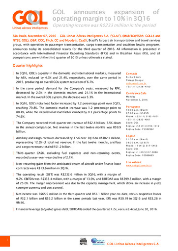 Miniature GOL Airlines Rapport trimestriel 2016-q3