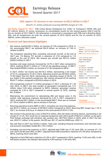 Miniature GOL Airlines Rapport trimestriel 2017-q2