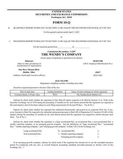 Thumbnail Wendy’s Quarterly Report 2022-q1