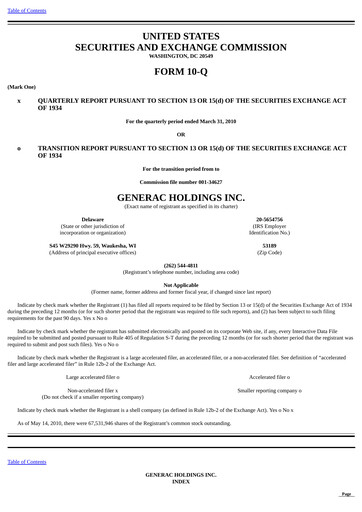 Thumbnail Generac Quarterly Report 2010-q1
