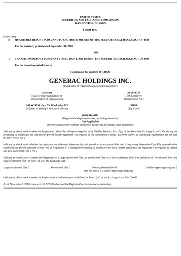 Thumbnail Generac Quarterly Report 2010-q3
