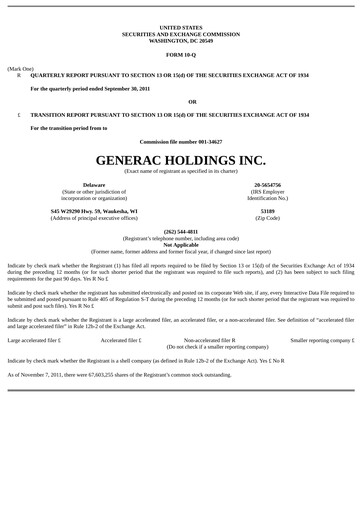 Thumbnail Generac Quarterly Report 2011-q3
