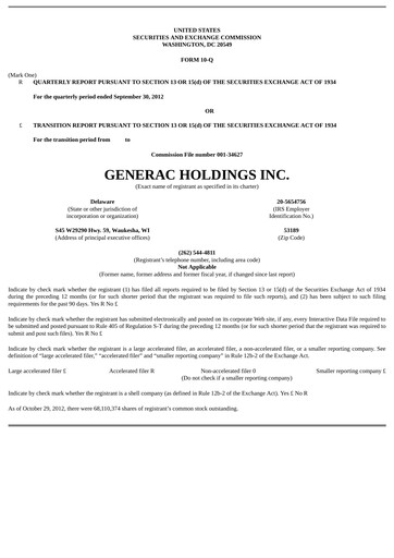 Thumbnail Generac Quarterly Report 2012-q3