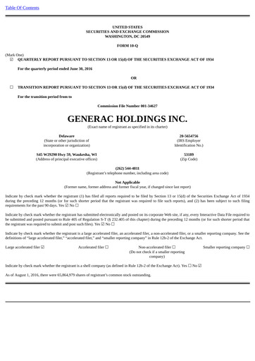 Thumbnail Generac Quarterly Report 2016-q2