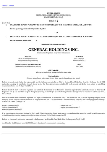 Thumbnail Generac Quarterly Report 2018-q3