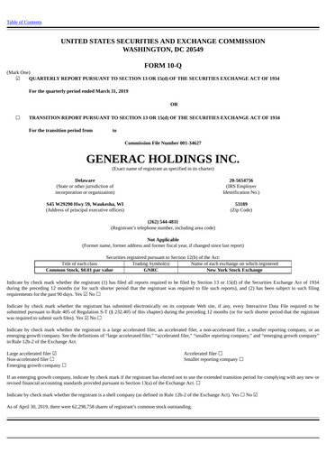 Thumbnail Generac Quarterly Report 2019-q1