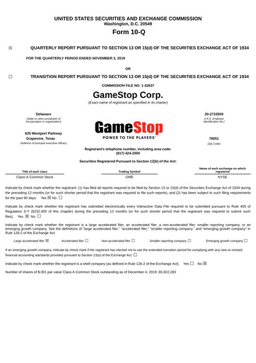 Thumbnail GameStop
 Quarterly Report 2019-q3