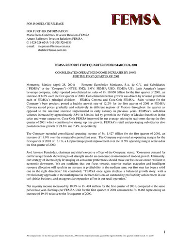Thumbnail Fomento Económico Mexicano (FEMSA) Quarterly Report 2001-q1