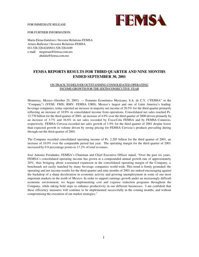 Thumbnail Fomento Económico Mexicano (FEMSA) Quarterly Report 2001-q3
