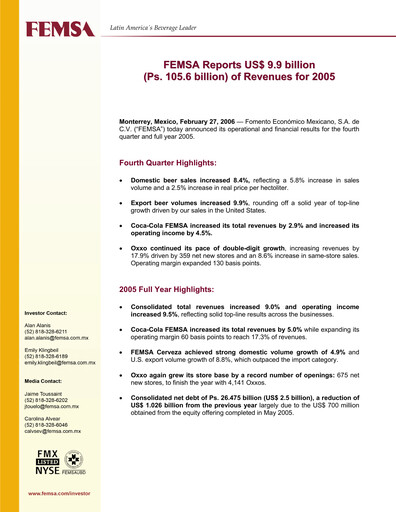 Thumbnail Fomento Económico Mexicano (FEMSA) Quarterly Report 2005-q4