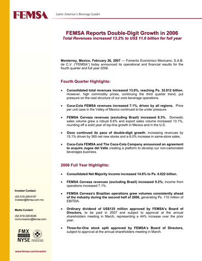 Thumbnail Fomento Económico Mexicano (FEMSA) Quarterly Report 2006-q4