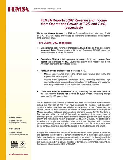 Thumbnail Fomento Económico Mexicano (FEMSA) Quarterly Report 2007-q3