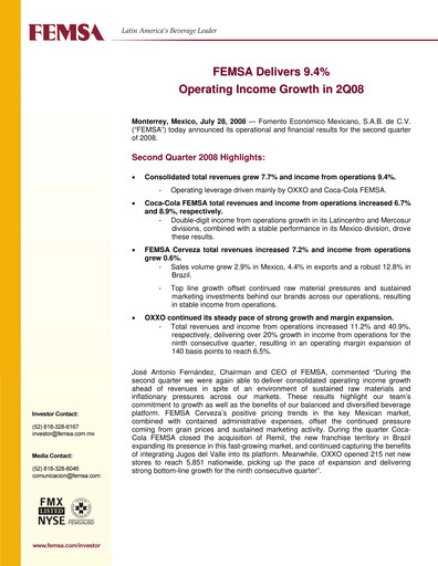 Thumbnail Fomento Económico Mexicano (FEMSA) Quarterly Report 2008-q2