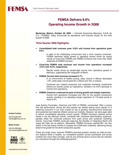 Thumbnail Fomento Económico Mexicano (FEMSA) Quarterly Report 2008-q3