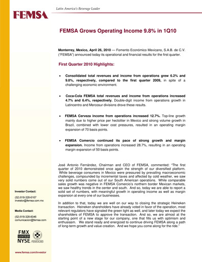 Thumbnail Fomento Económico Mexicano (FEMSA) Quarterly Report 2010-q1