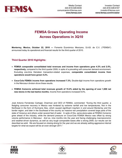 Thumbnail Fomento Económico Mexicano (FEMSA) Quarterly Report 2010-q3
