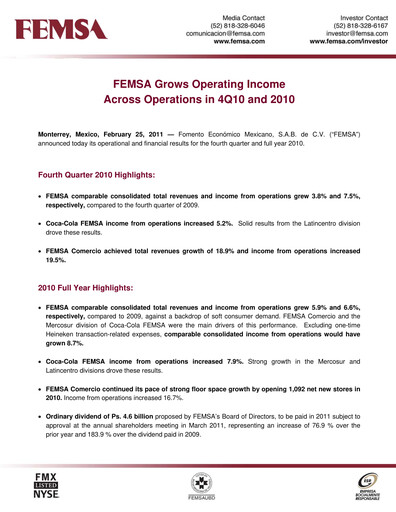 Thumbnail Fomento Económico Mexicano (FEMSA) Quarterly Report 2010-q4