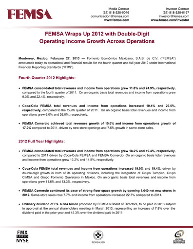 Thumbnail Fomento Económico Mexicano (FEMSA) Quarterly Report 2012-q4