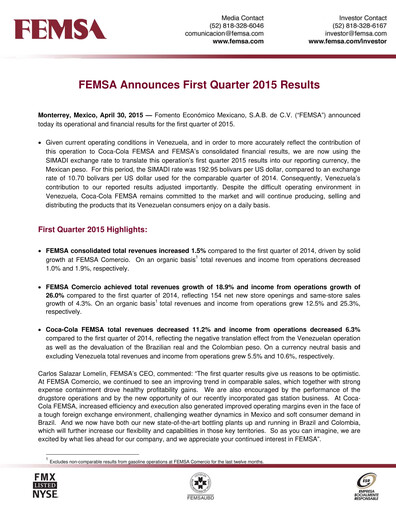 Thumbnail Fomento Económico Mexicano (FEMSA) Quarterly Report 2015-q1