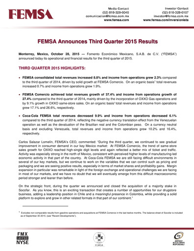 Thumbnail Fomento Económico Mexicano (FEMSA) Quarterly Report 2015-q3