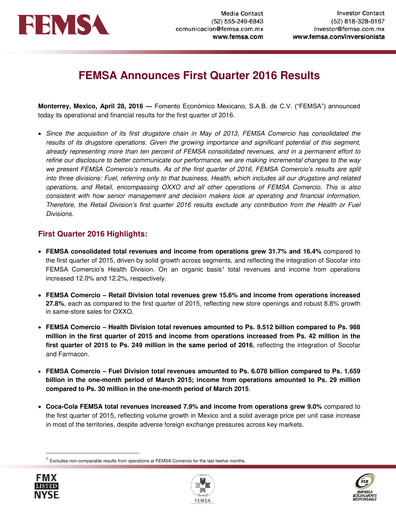 Thumbnail Fomento Económico Mexicano (FEMSA) Quarterly Report 2016-q1