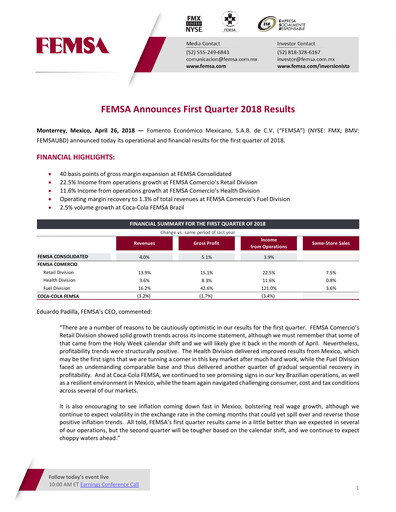 Thumbnail Fomento Económico Mexicano (FEMSA) Quarterly Report 2018-q1