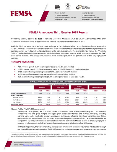 Thumbnail Fomento Económico Mexicano (FEMSA) Quarterly Report 2018-q3