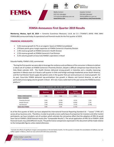 Thumbnail Fomento Económico Mexicano (FEMSA) Quarterly Report 2019-q1