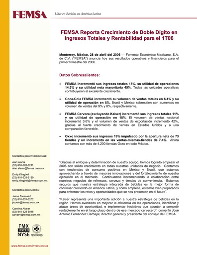 Thumbnail Fomento Económico Mexicano (FEMSA) Quarterly Report 2006-q1