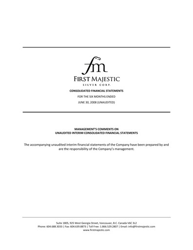 Thumbnail First Majestic Silver
 Quarterly Report 2008-q2