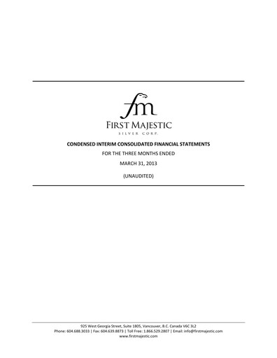Thumbnail First Majestic Silver
 Quarterly Report 2013-q1
