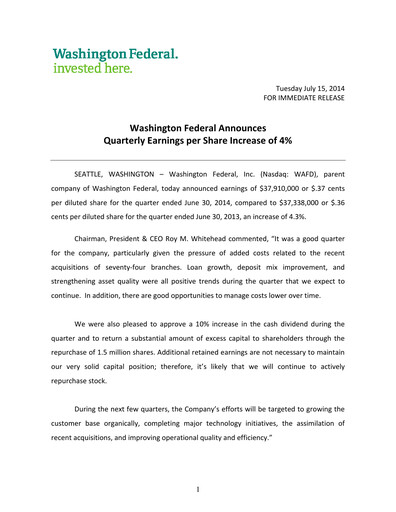 Vorschaubild WaFd Bank Quartalsbericht 2014-q3