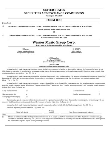 Thumbnail Warner Music Group
 Quarterly Report 2019-q3