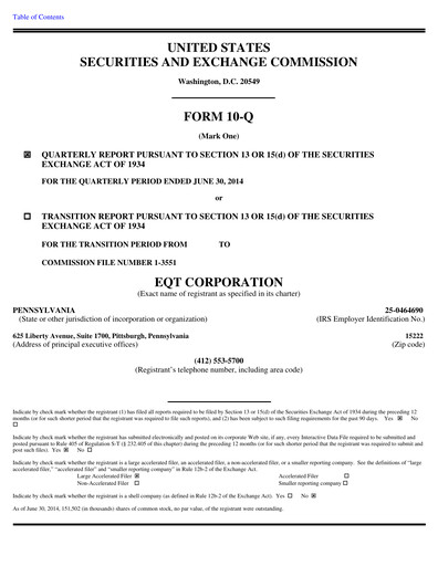 Thumbnail EQT Corporation
 Quarterly Report 2014-q2