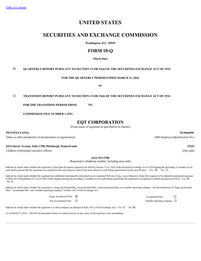 Thumbnail EQT Corporation
 Quarterly Report 2016-q1
