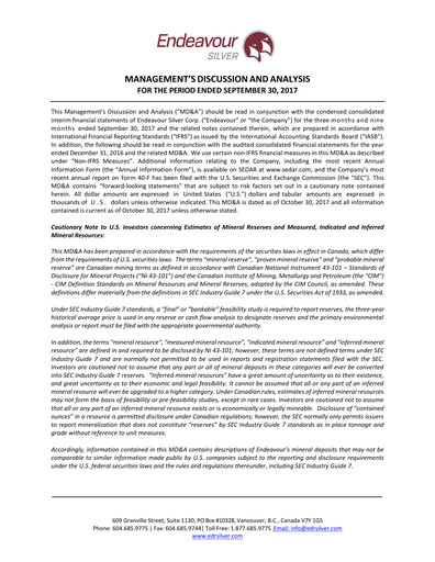 Thumbnail Endeavour Silver Quarterly Report 2017-q3