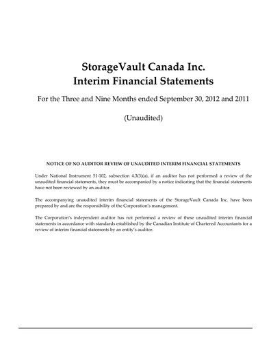 Miniature StorageVault Canada Rapport trimestriel 2012-q3