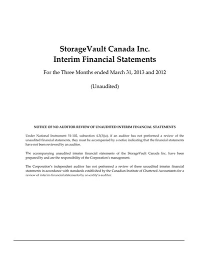 Miniature StorageVault Canada Rapport trimestriel 2013-q1