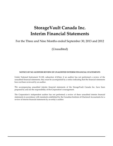 Miniature StorageVault Canada Rapport trimestriel 2013-q3