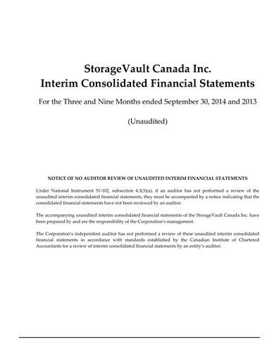Miniature StorageVault Canada Rapport trimestriel 2014-q3