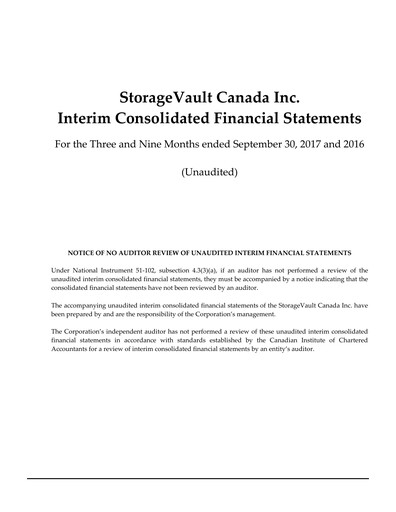 Miniature StorageVault Canada Rapport trimestriel 2017-q3