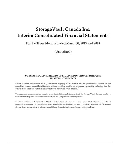 Miniature StorageVault Canada Rapport trimestriel 2019-q1