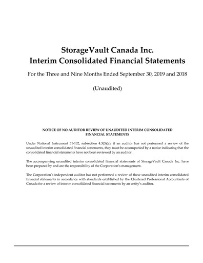 Miniature StorageVault Canada Rapport trimestriel 2019-q3