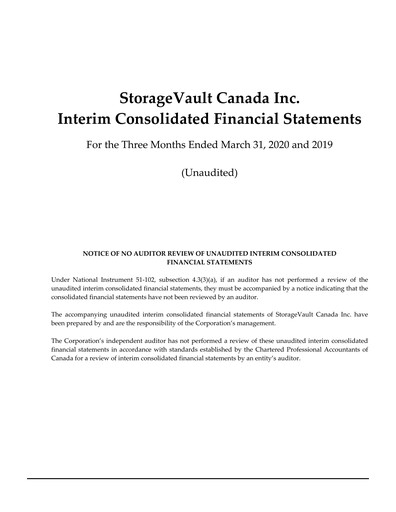 Miniature StorageVault Canada Rapport trimestriel 2020-q1